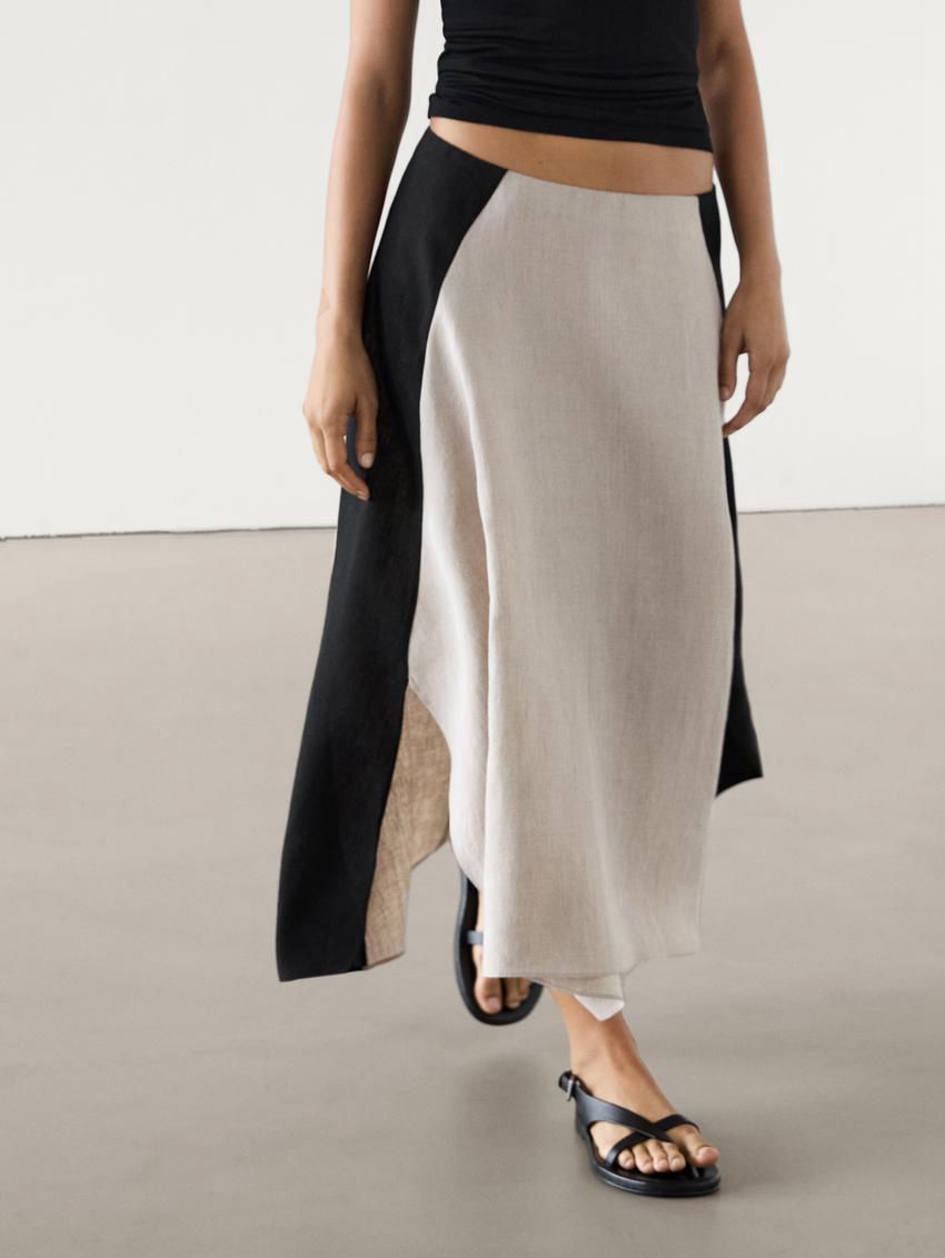 Massimo Dutti Contrast Linen Flared Midi Women Skirts Beige | US-OU8653217