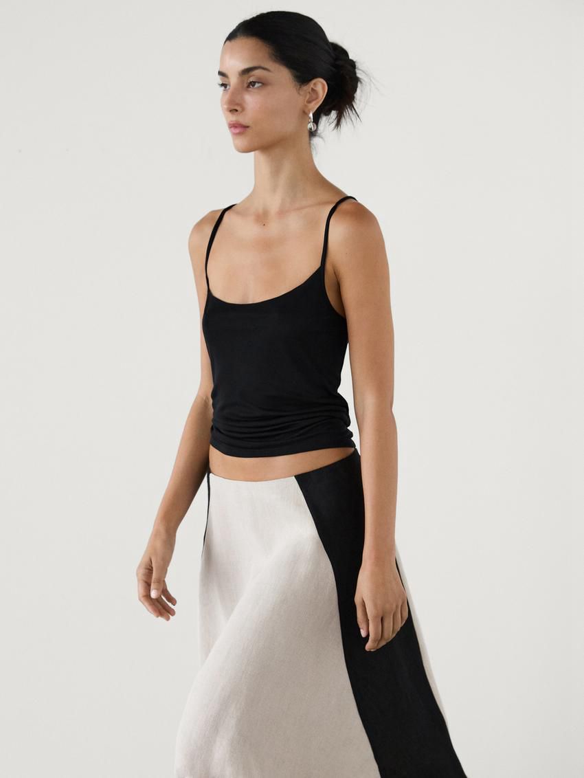 Massimo Dutti Contrast Linen Flared Midi Women Skirts Beige | US-OU8653217
