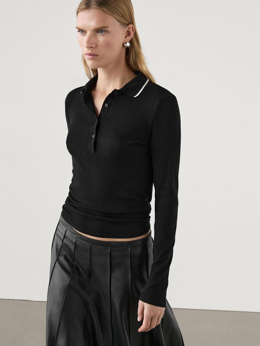 Massimo Dutti Contrast Polo Collar Women T-Shirt Black | US-UY1643875