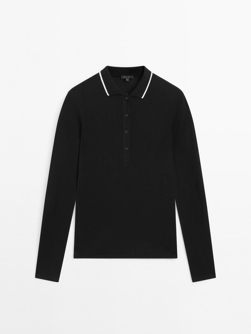Massimo Dutti Contrast Polo Collar Women T-Shirt Black | US-UY1643875