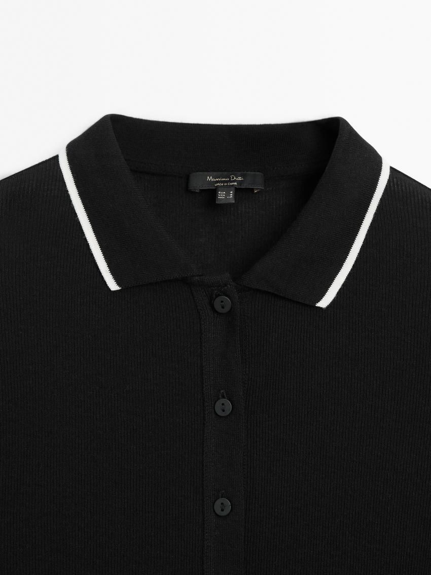 Massimo Dutti Contrast Polo Collar Women T-Shirt Black | US-UY1643875