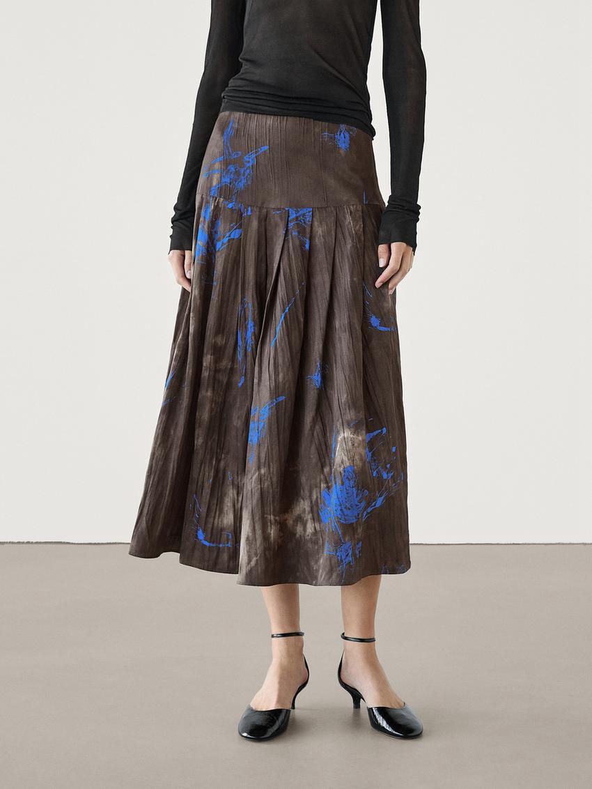 Massimo Dutti Contrast Print Midi Women Skirts Dark Brown / Blue | US-FT9067183