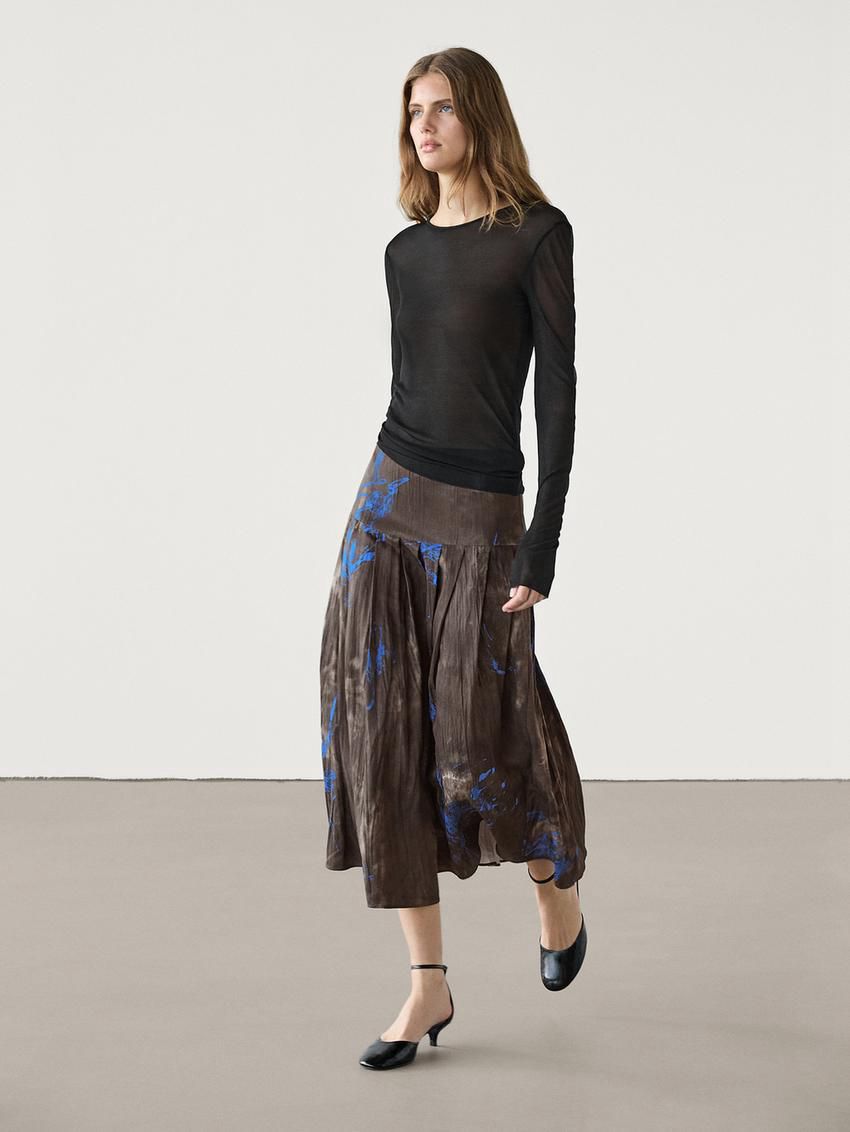 Massimo Dutti Contrast Print Midi Women Skirts Dark Brown / Blue | US-FT9067183