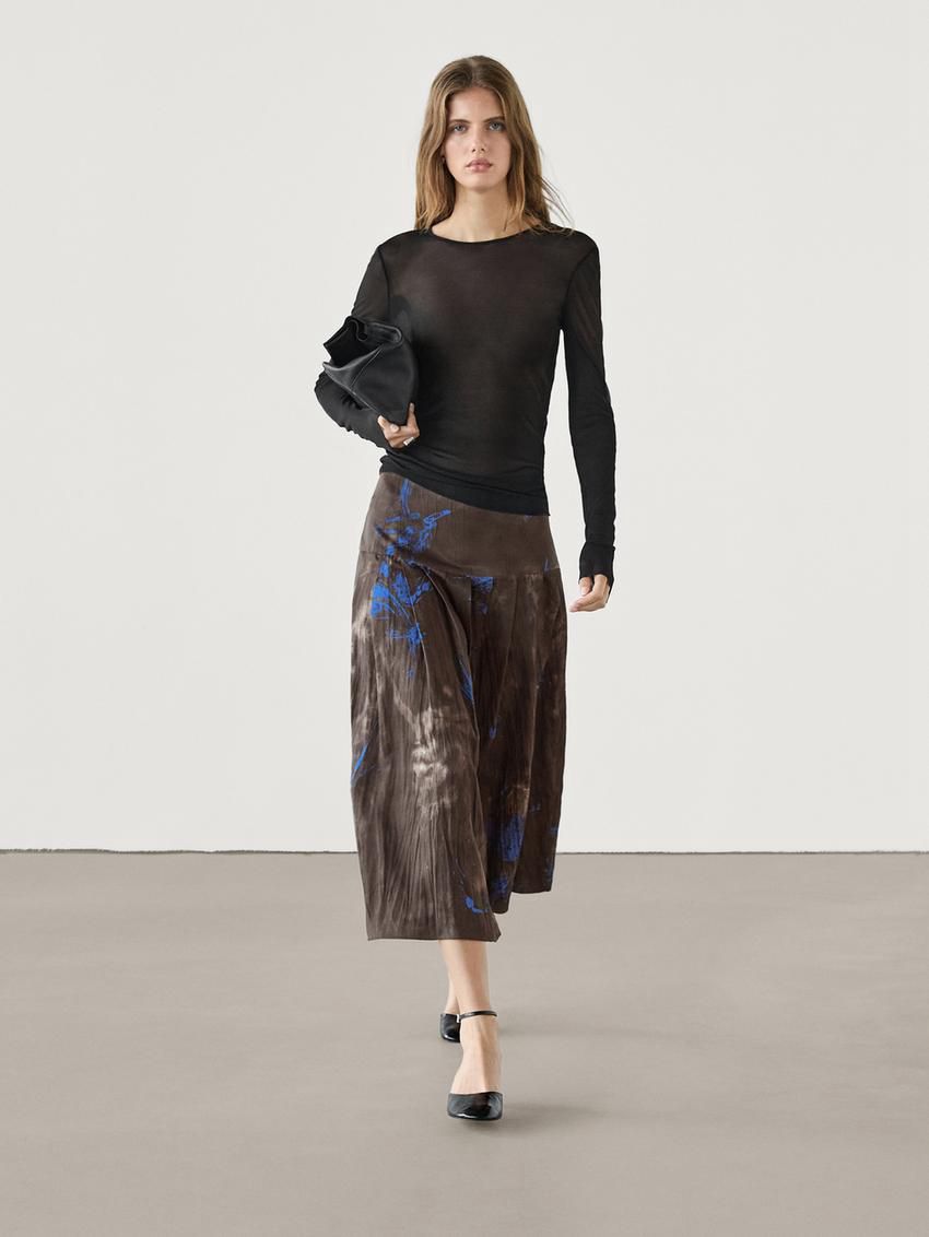 Massimo Dutti Contrast Print Midi Women Skirts Dark Brown / Blue | US-FT9067183