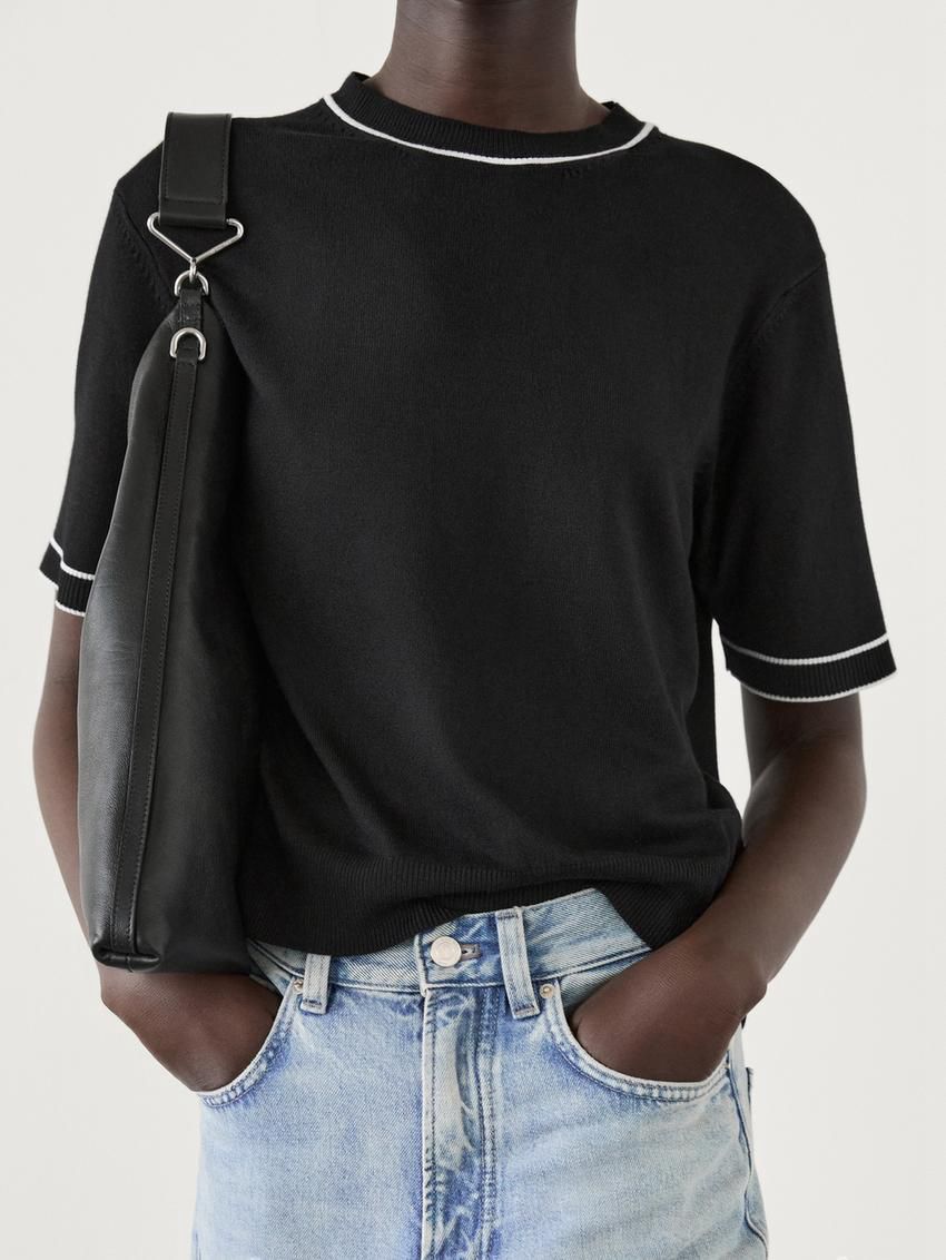 Massimo Dutti Contrast Short Sleeve Knit Women Sweater Black | US-YC0689351