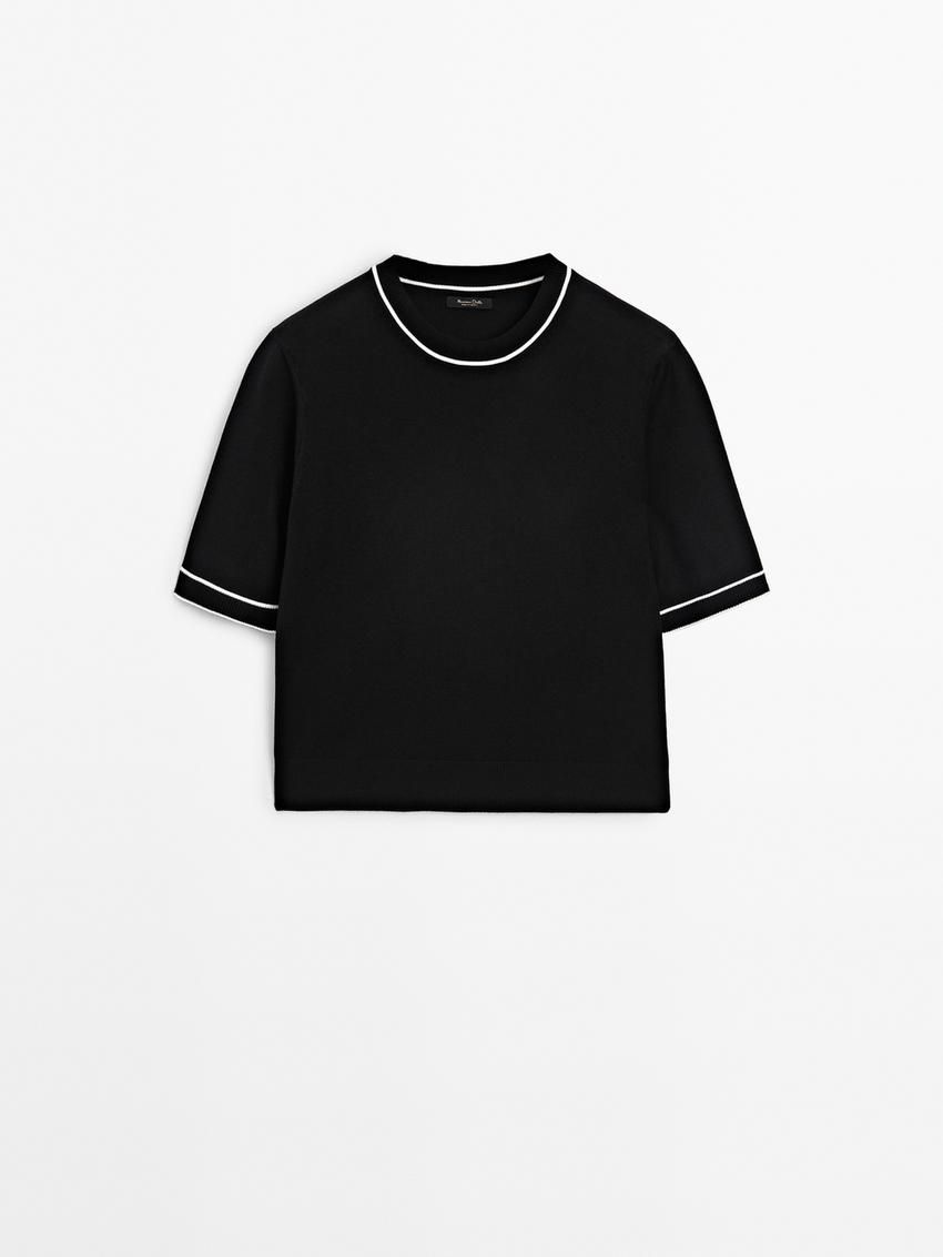 Massimo Dutti Contrast Short Sleeve Knit Women Sweater Black | US-YC0689351