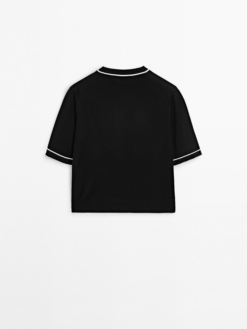 Massimo Dutti Contrast Short Sleeve Knit Women Sweater Black | US-YC0689351