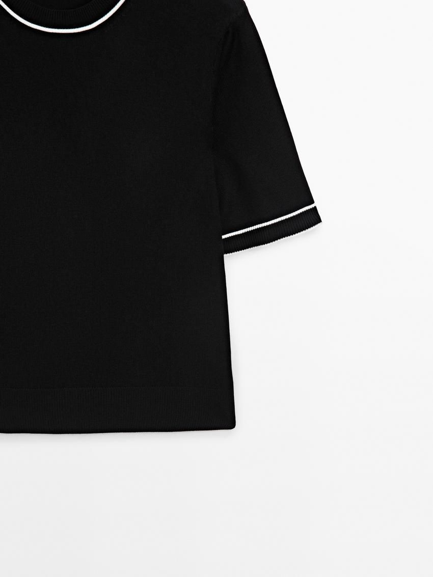 Massimo Dutti Contrast Short Sleeve Knit Women Sweater Black | US-YC0689351
