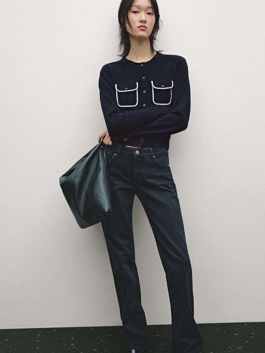 Massimo Dutti Contrast Trim With Pockets Women Cardigan Navy | US-KF6548107