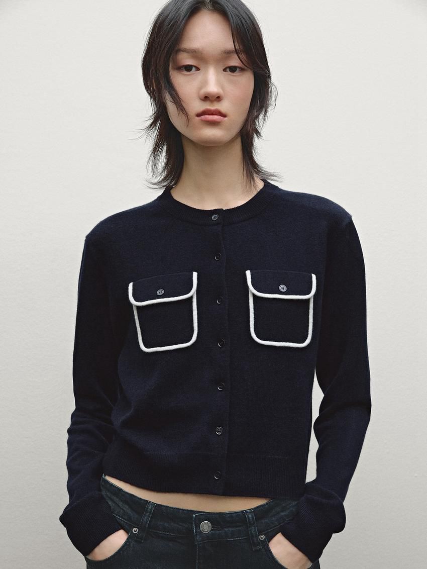 Massimo Dutti Contrast Trim With Pockets Women Cardigan Navy | US-KF6548107