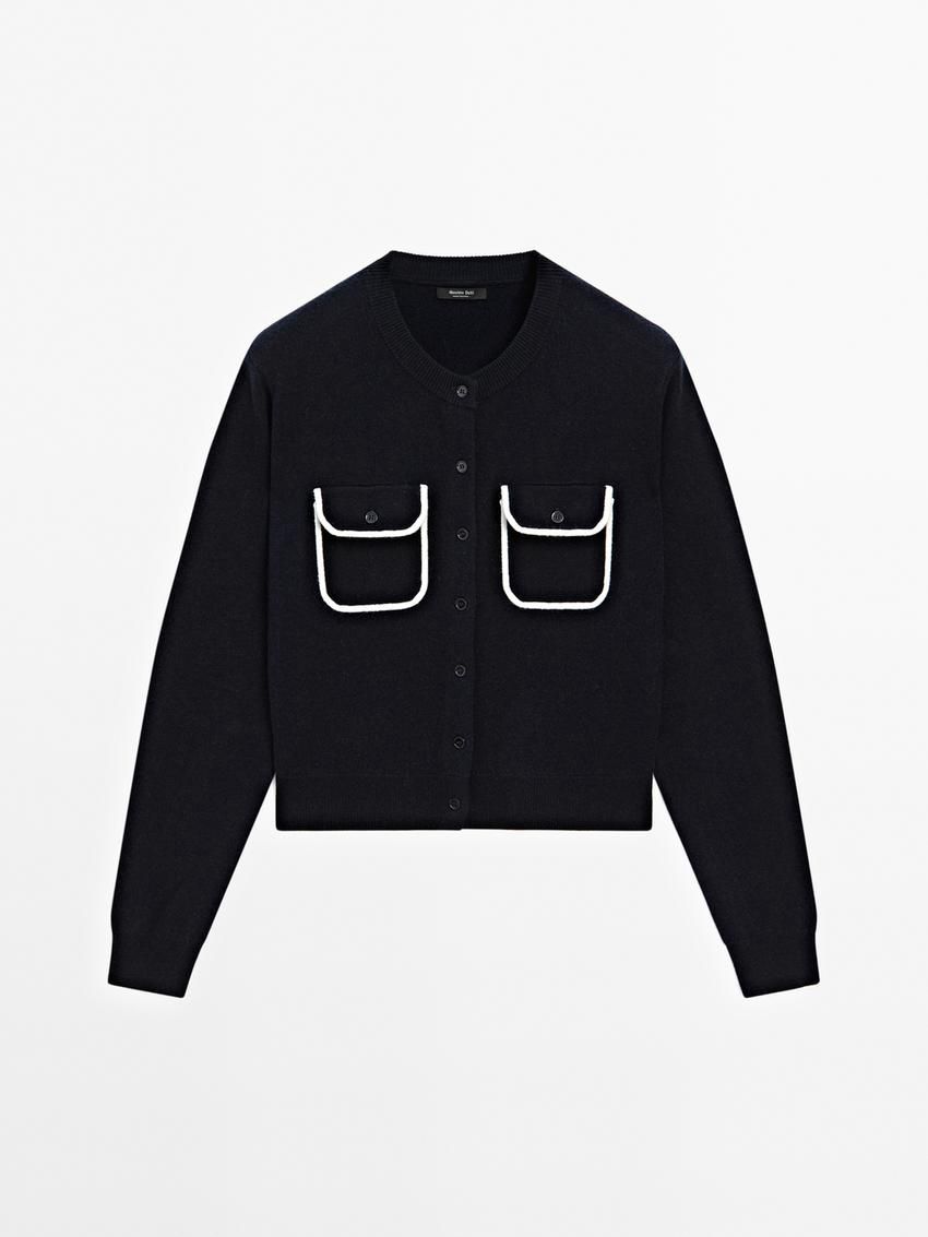 Massimo Dutti Contrast Trim With Pockets Women Cardigan Navy | US-KF6548107