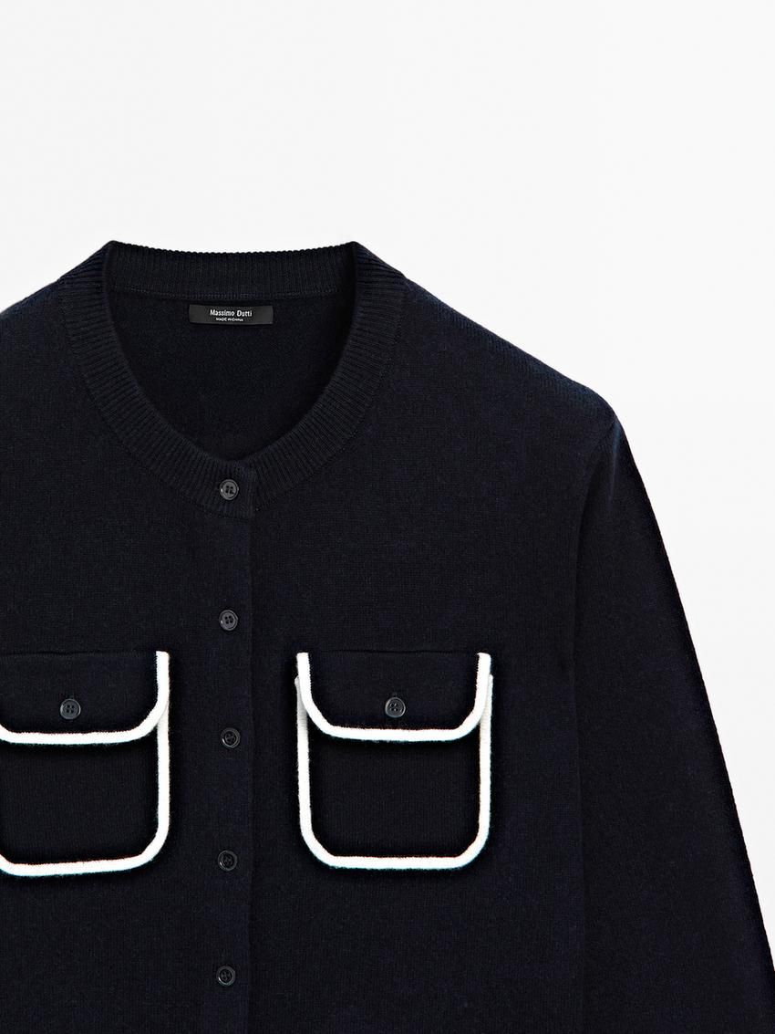 Massimo Dutti Contrast Trim With Pockets Women Cardigan Navy | US-KF6548107