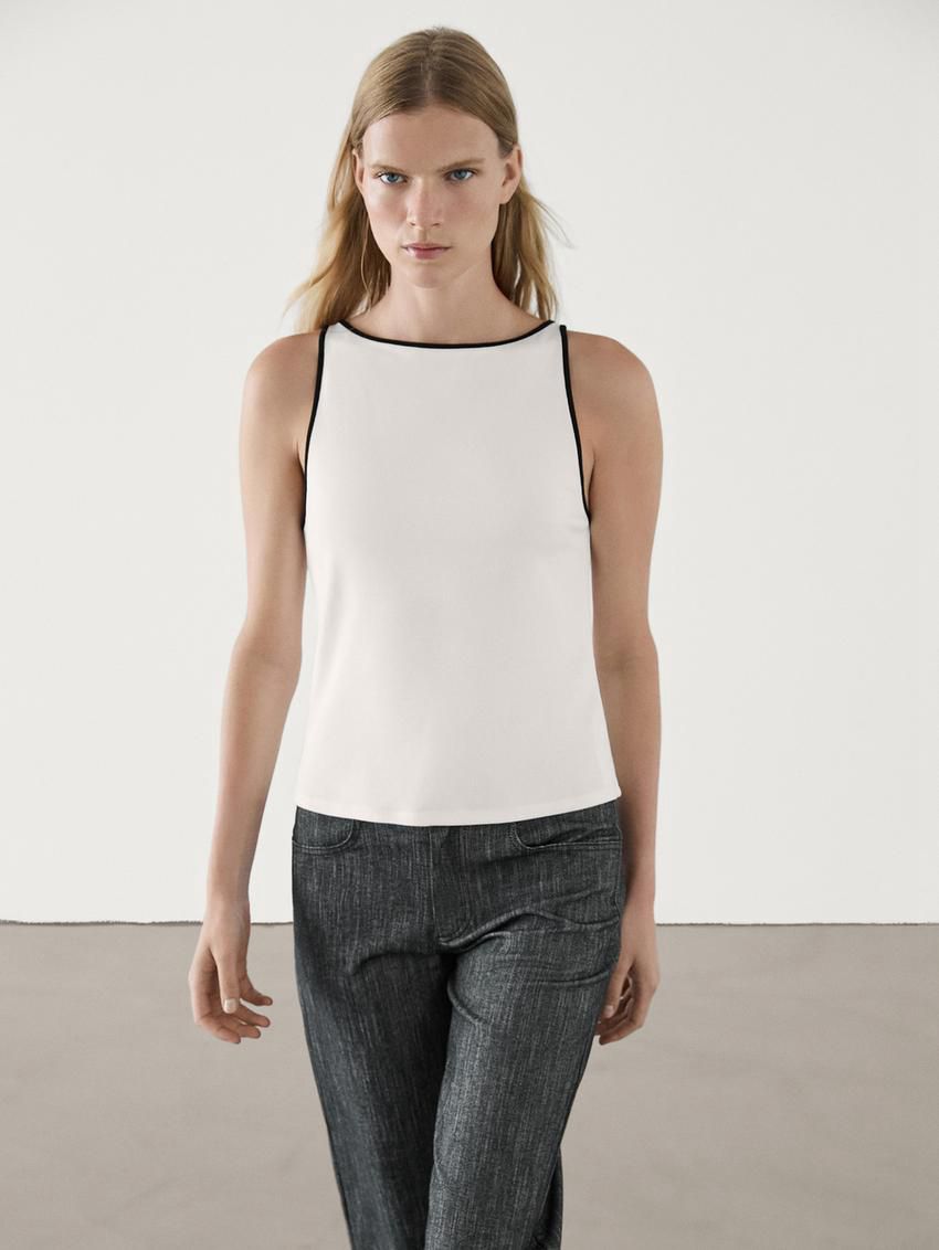 Massimo Dutti Contrast Trim Women T-Shirt White | US-SU1098524