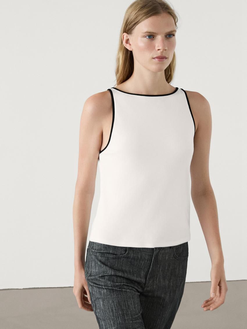 Massimo Dutti Contrast Trim Women T-Shirt White | US-SU1098524