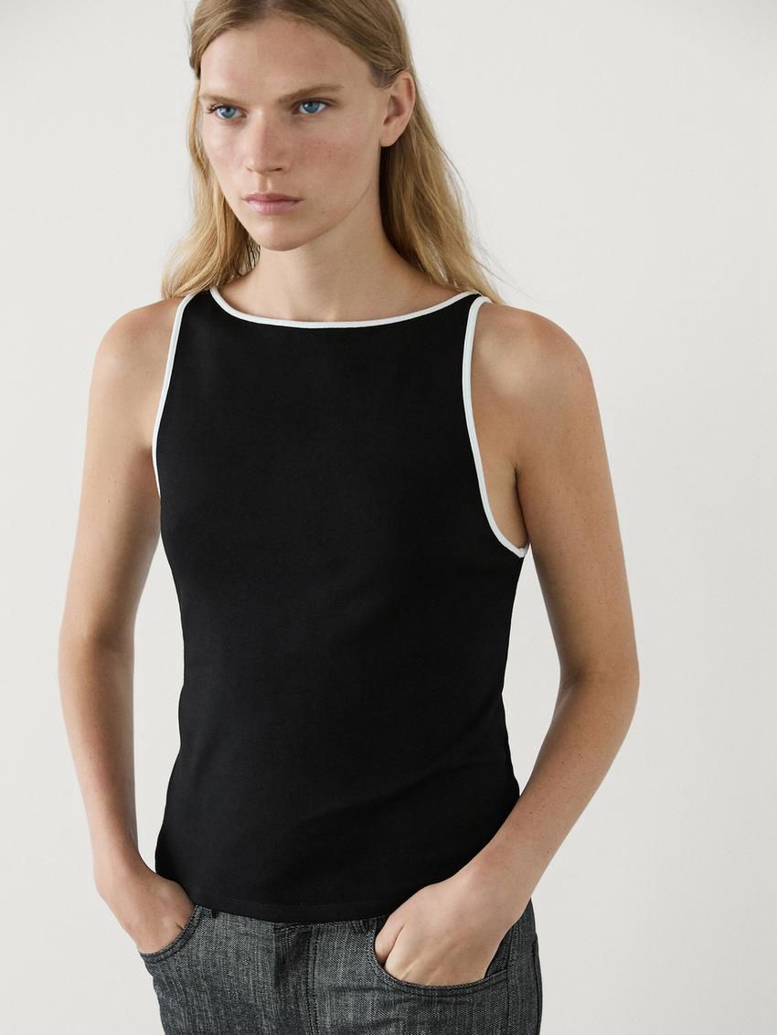 Massimo Dutti Contrast Trim Women T-Shirt Black | US-HO3794628