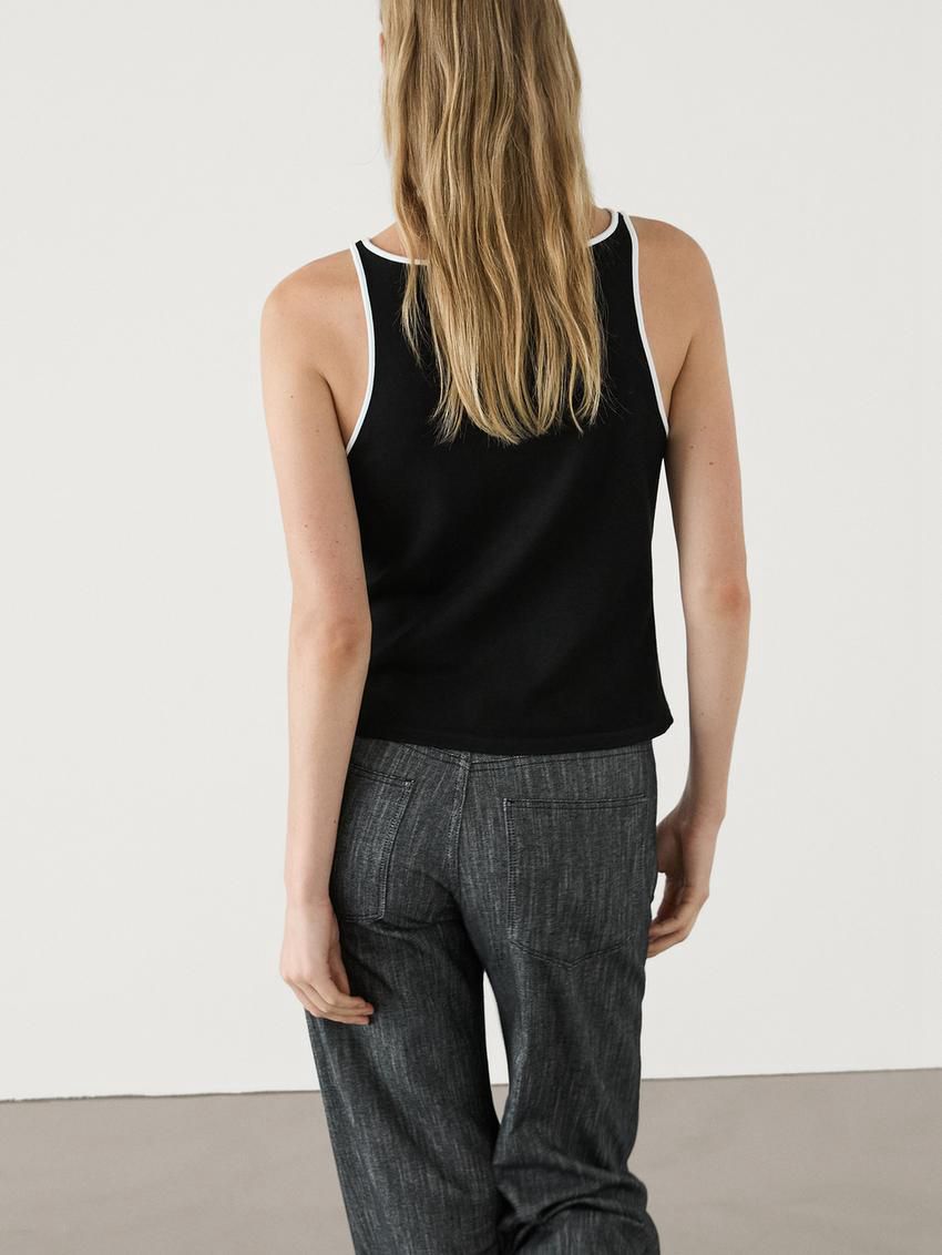 Massimo Dutti Contrast Trim Women T-Shirt Black | US-HO3794628