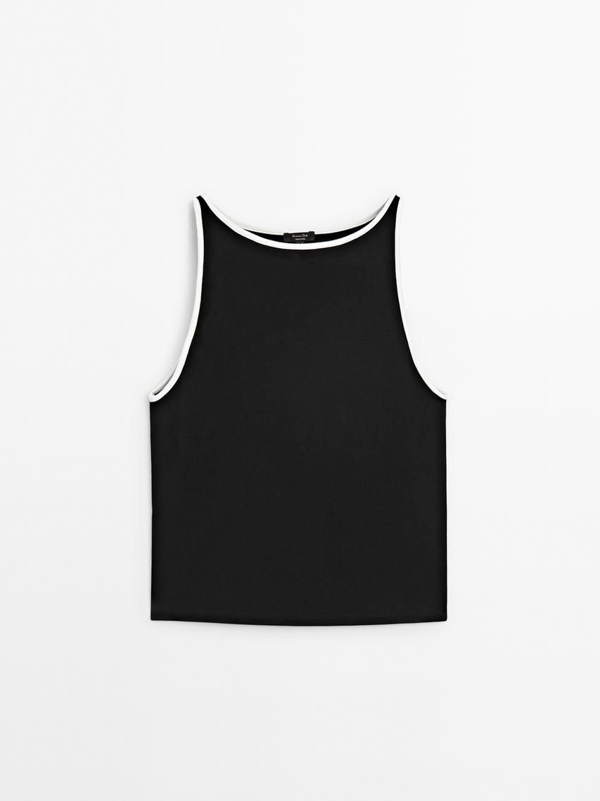 Massimo Dutti Contrast Trim Women T-Shirt Black | US-HO3794628