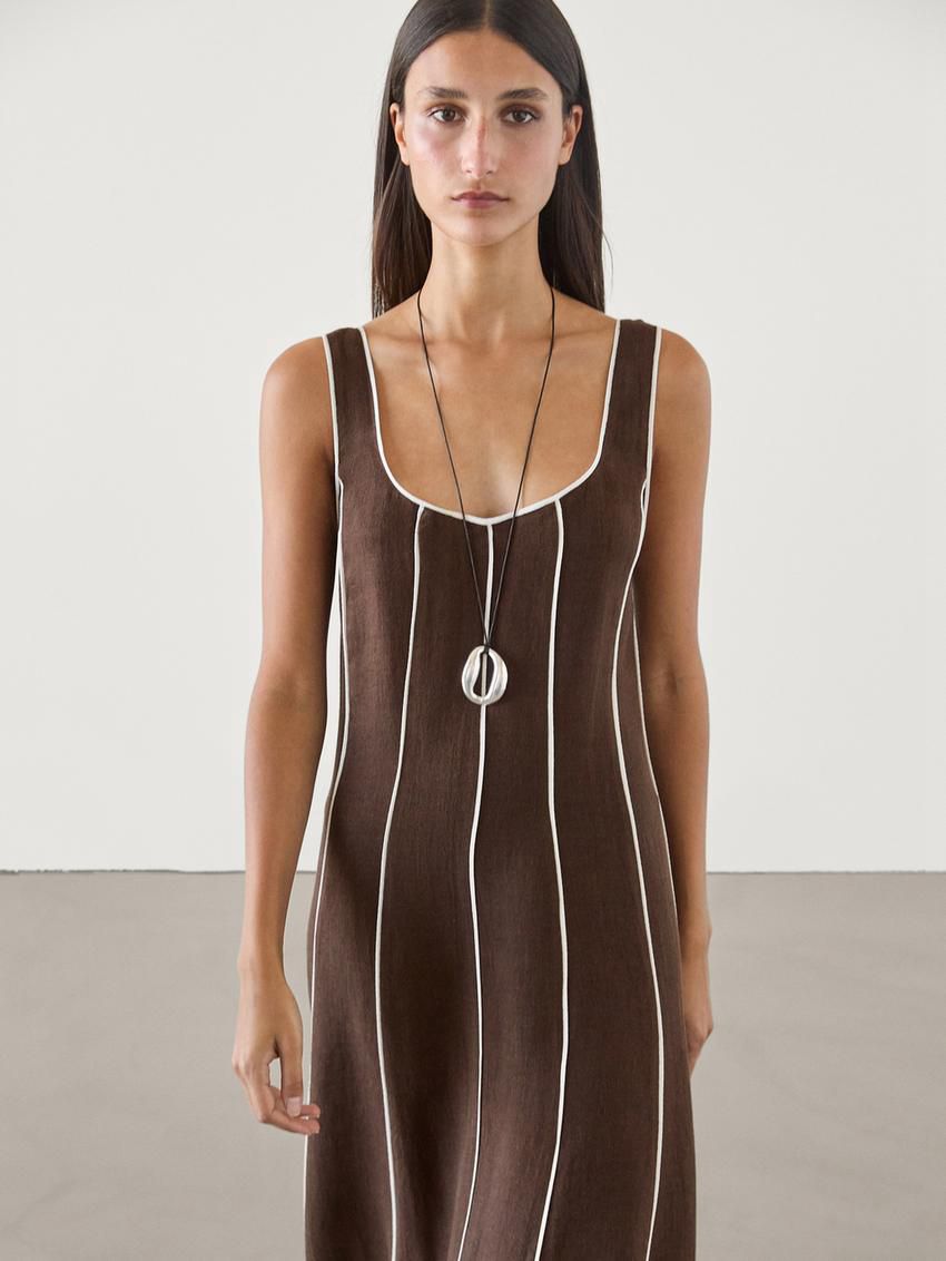 Massimo Dutti Contrast Two-tone Striped Midi Women Dress Chocolate | US-KA7968301