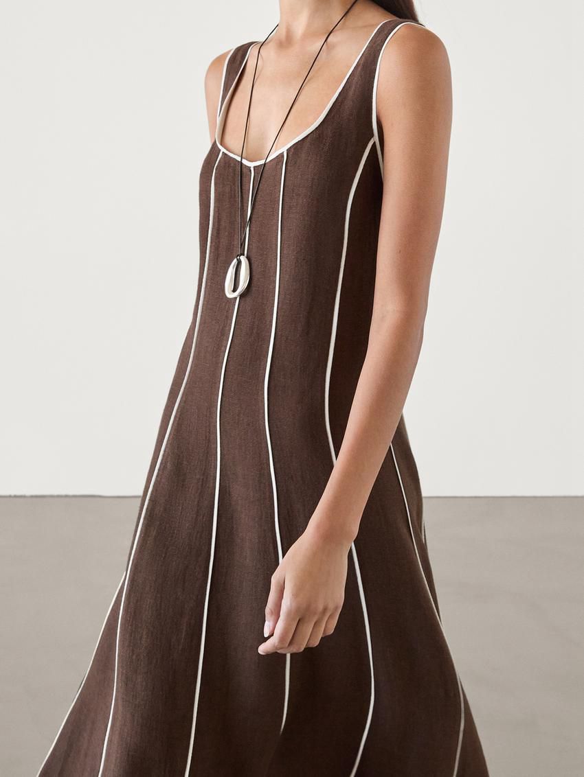 Massimo Dutti Contrast Two-tone Striped Midi Women Dress Chocolate | US-KA7968301