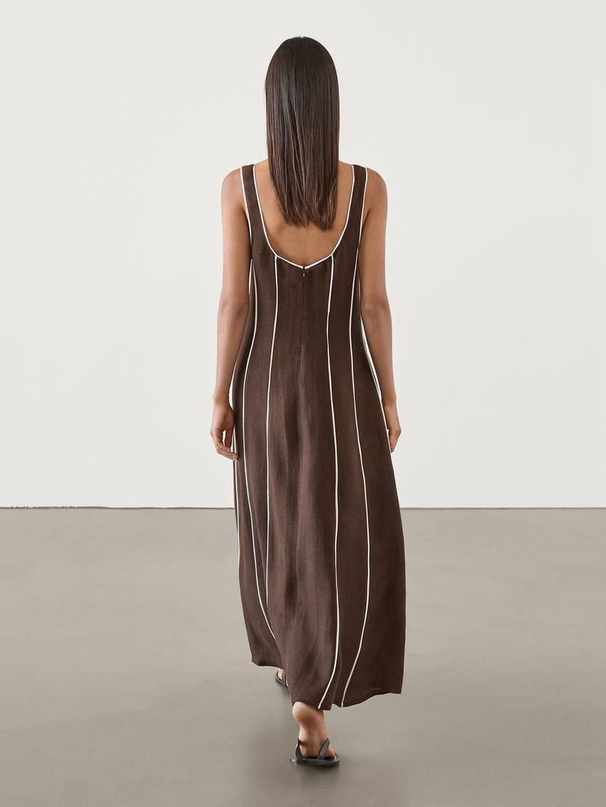 Massimo Dutti Contrast Two-tone Striped Midi Women Dress Chocolate | US-KA7968301