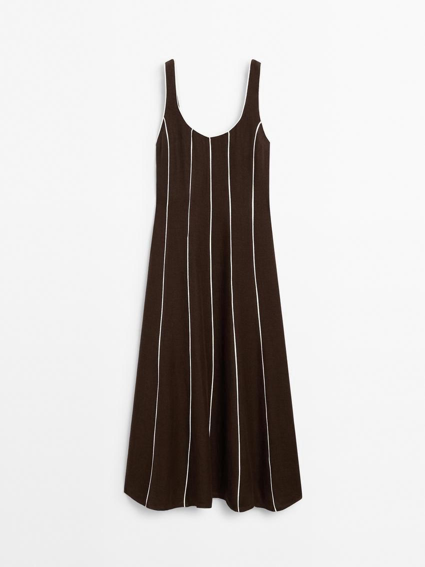 Massimo Dutti Contrast Two-tone Striped Midi Women Dress Chocolate | US-KA7968301