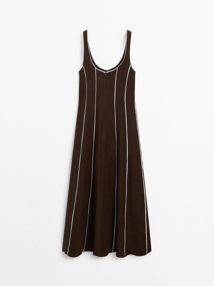 Massimo Dutti Contrast Two-tone Striped Midi Women Dress Chocolate | US-KA7968301