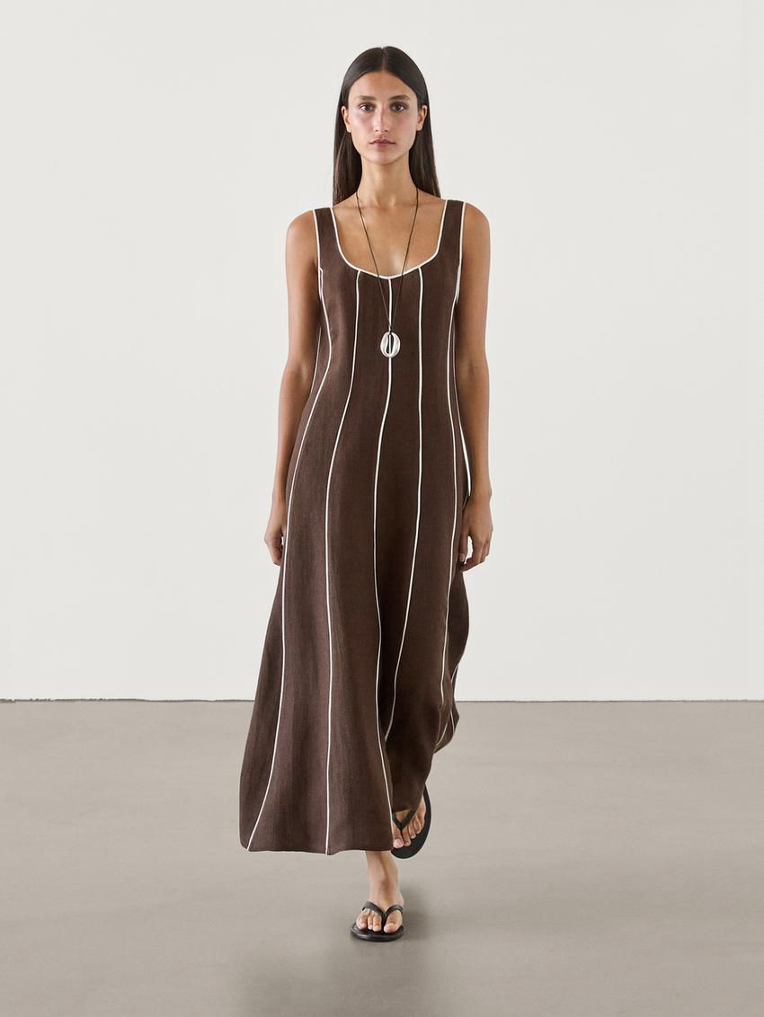 Massimo Dutti Contrast Two-tone Striped Midi Women Dress Chocolate | US-KA7968301