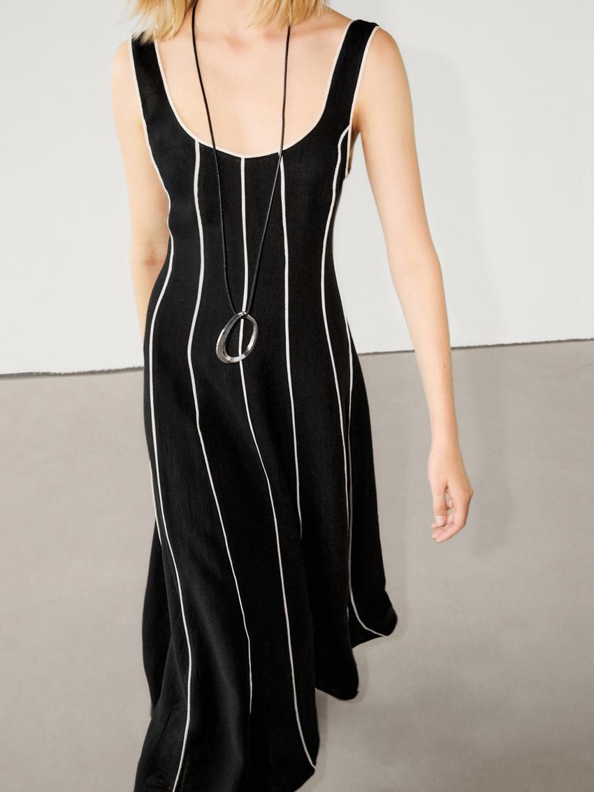 Massimo Dutti Contrast Two-tone Striped Midi Women Dress Black | US-ID9240178
