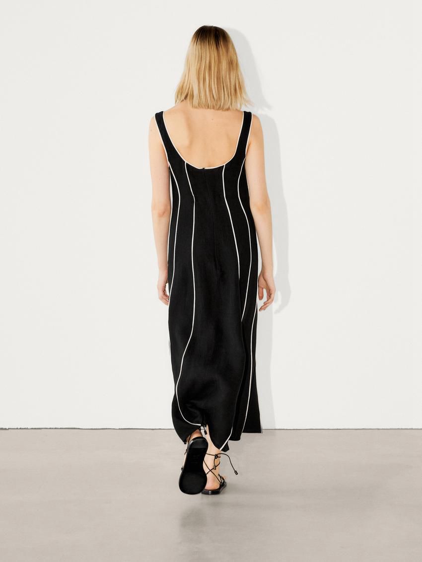 Massimo Dutti Contrast Two-tone Striped Midi Women Dress Black | US-ID9240178
