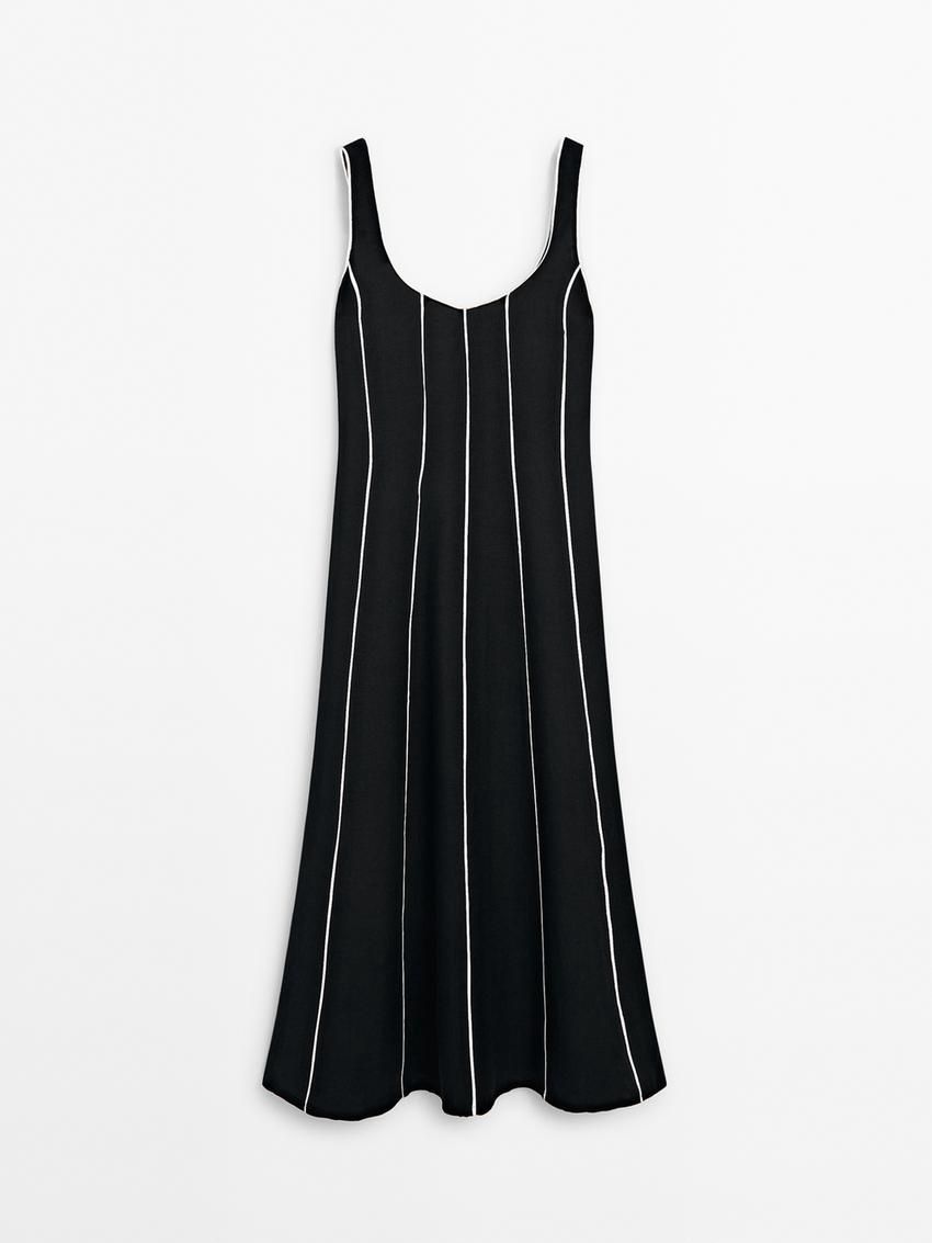 Massimo Dutti Contrast Two-tone Striped Midi Women Dress Black | US-ID9240178