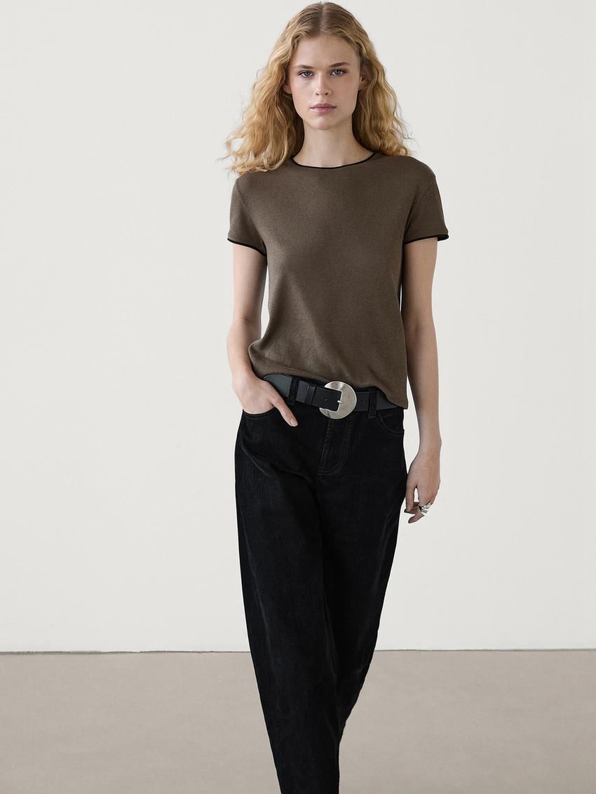 Massimo Dutti Contrasting Fine Women T-Shirt Dark Brown | US-DC8613597