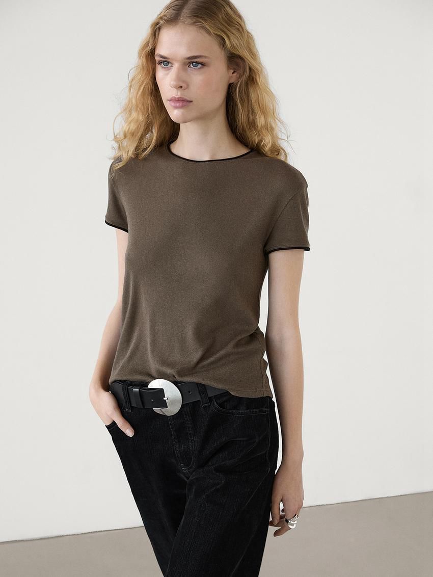 Massimo Dutti Contrasting Fine Women T-Shirt Dark Brown | US-DC8613597