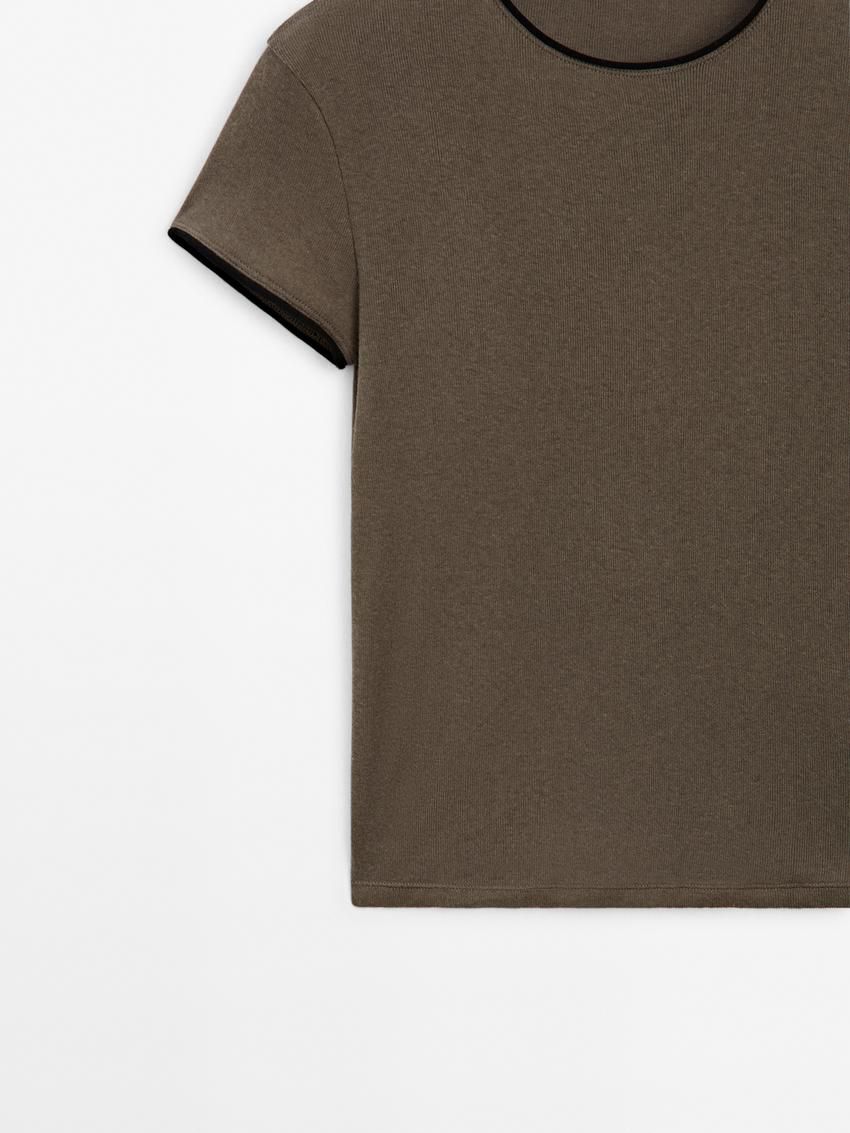 Massimo Dutti Contrasting Fine Women T-Shirt Dark Brown | US-DC8613597