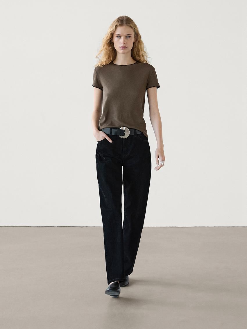 Massimo Dutti Contrasting Fine Women T-Shirt Dark Brown | US-DC8613597