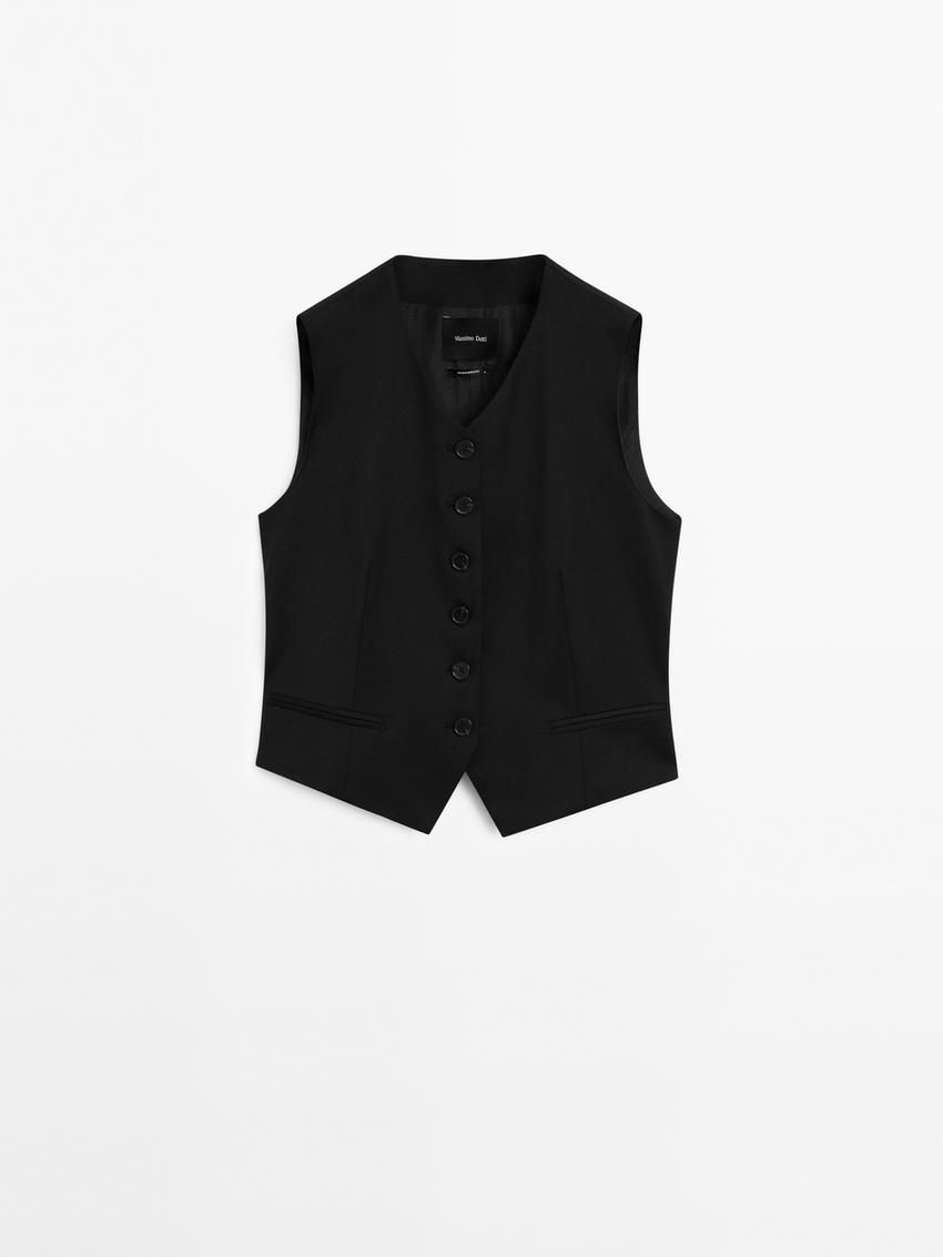 Massimo Dutti Cool Wool Suit Waistcoat Women Vest Black | US-GL7906248