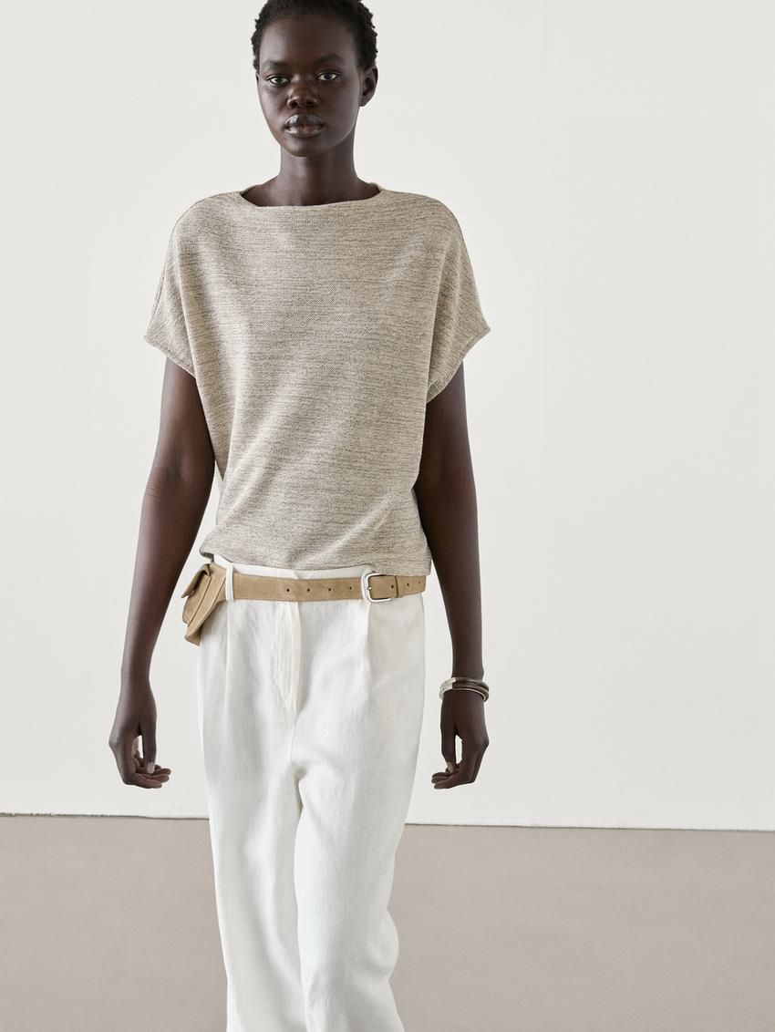 Massimo Dutti Co-ord With Melange Detail Women T-Shirt Khaki | US-QR1623085