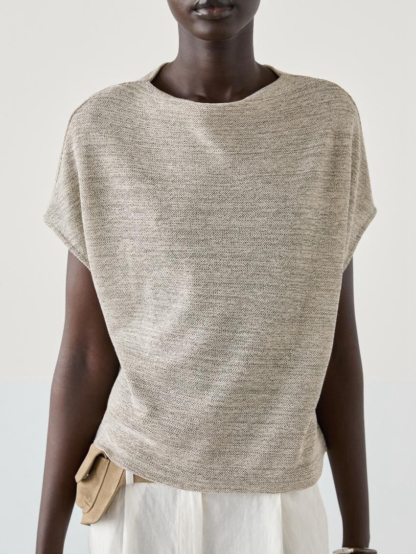 Massimo Dutti Co-ord With Melange Detail Women T-Shirt Khaki | US-QR1623085