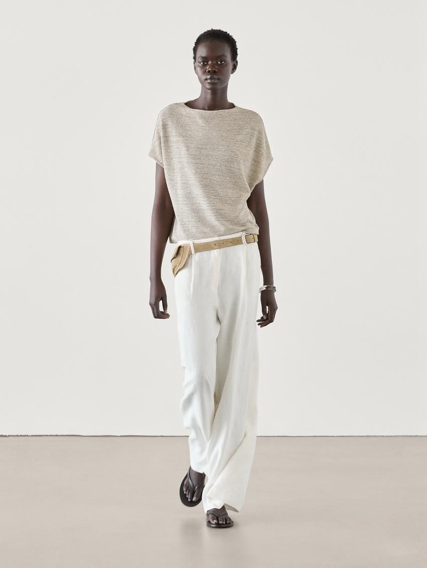 Massimo Dutti Co-ord With Melange Detail Women T-Shirt Khaki | US-QR1623085