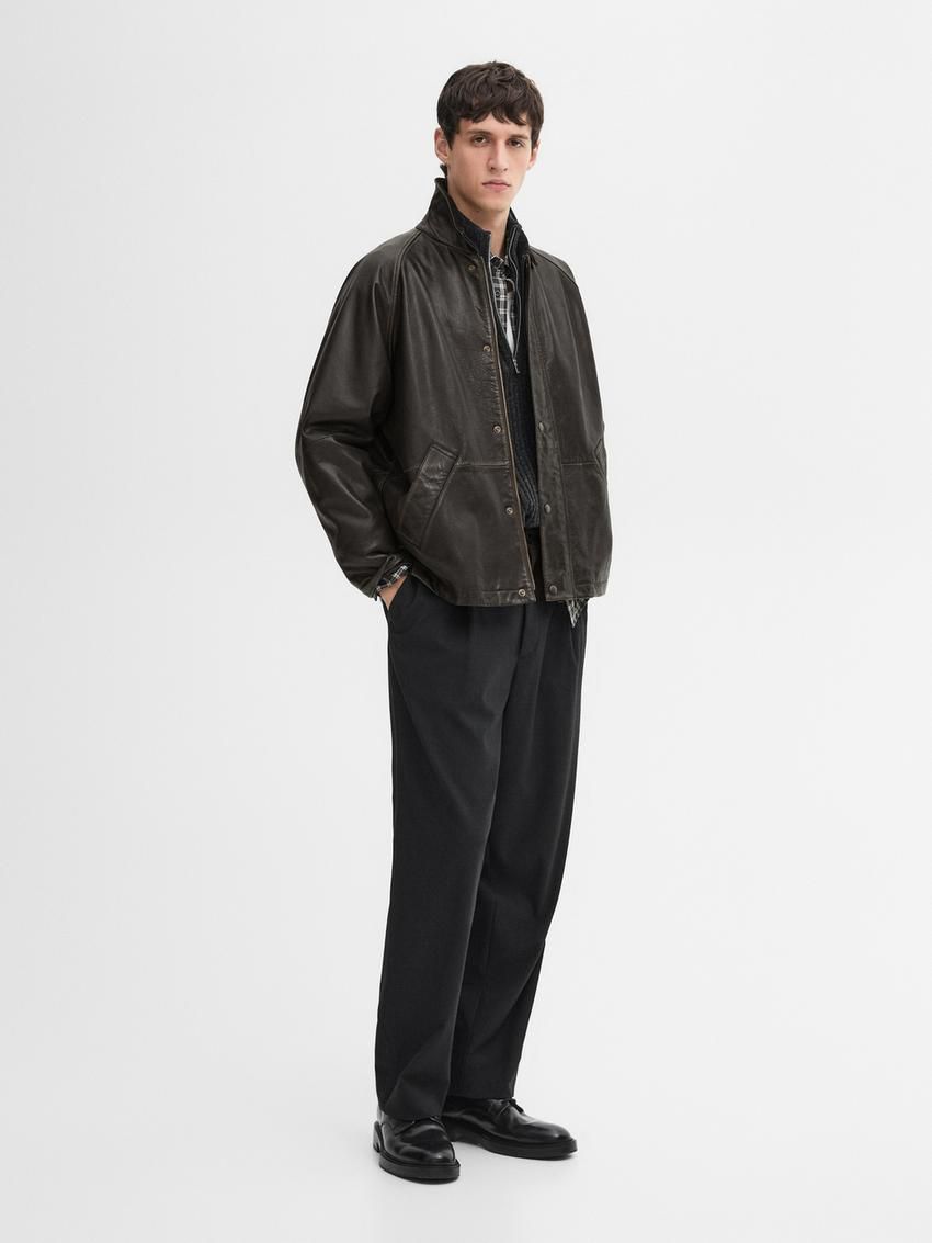 Massimo Dutti Corduroy Collar Men Leather Jacket Dark Brown | US-BX7581463