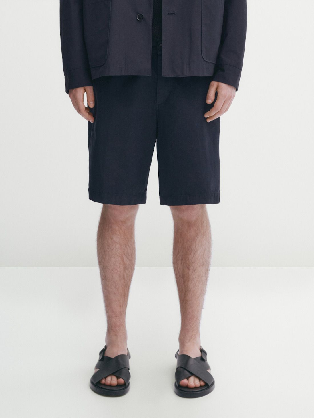 Massimo Dutti Cotton And Linen Blend Drawstring Bermuda Men Shorts Navy | US-SM8657309