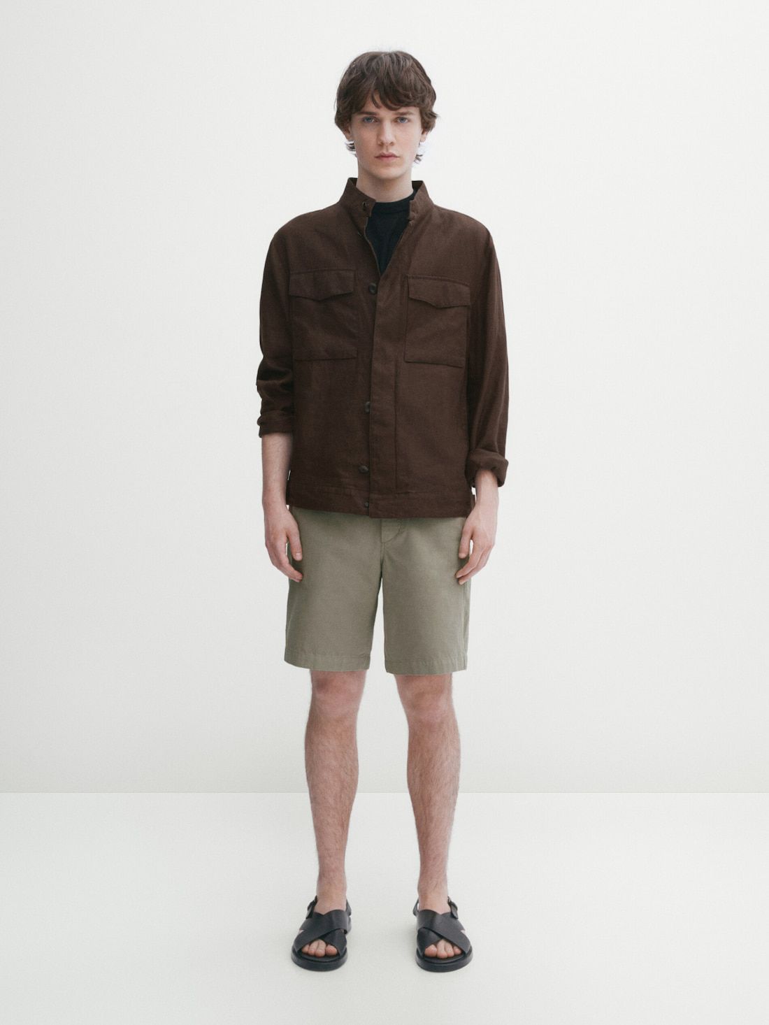 Massimo Dutti Cotton And Linen Blend Drawstring Bermuda Men Shorts Khaki | US-FH8712630