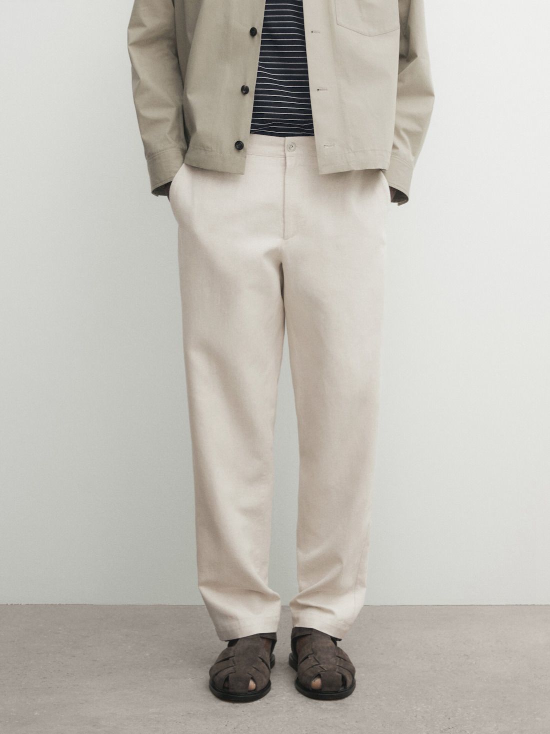 Massimo Dutti Cotton And Linen Blend Tapered Fit Men Trousers Light Beige | US-SG7815496