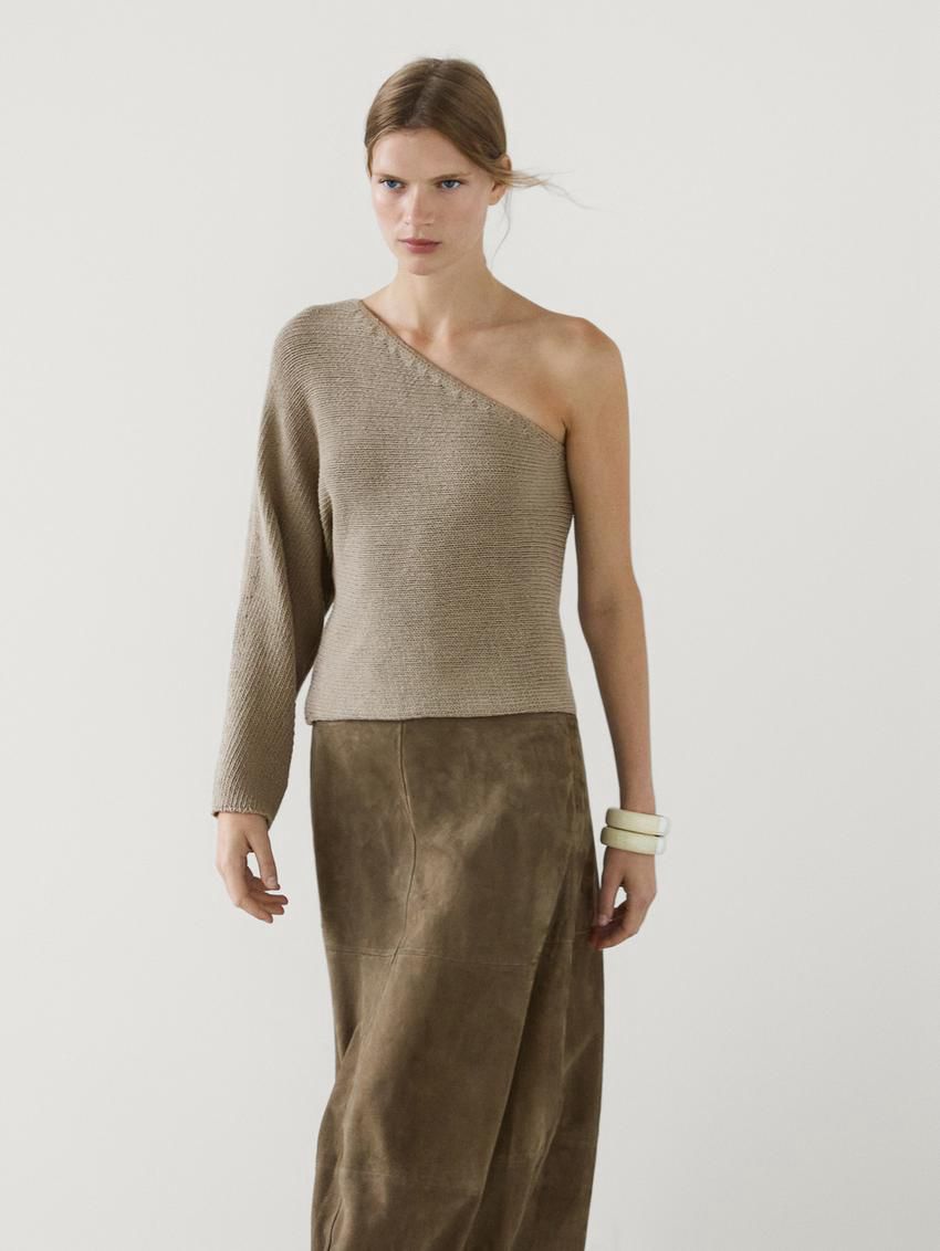 Massimo Dutti Cotton Asymmetric Knit Women Sweater Khaki | US-JB9512830