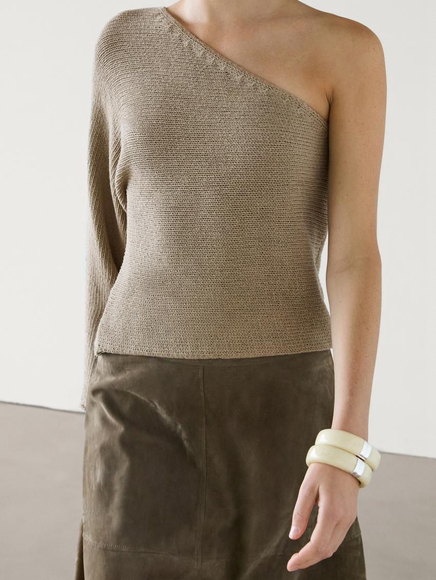 Massimo Dutti Cotton Asymmetric Knit Women Sweater Khaki | US-JB9512830
