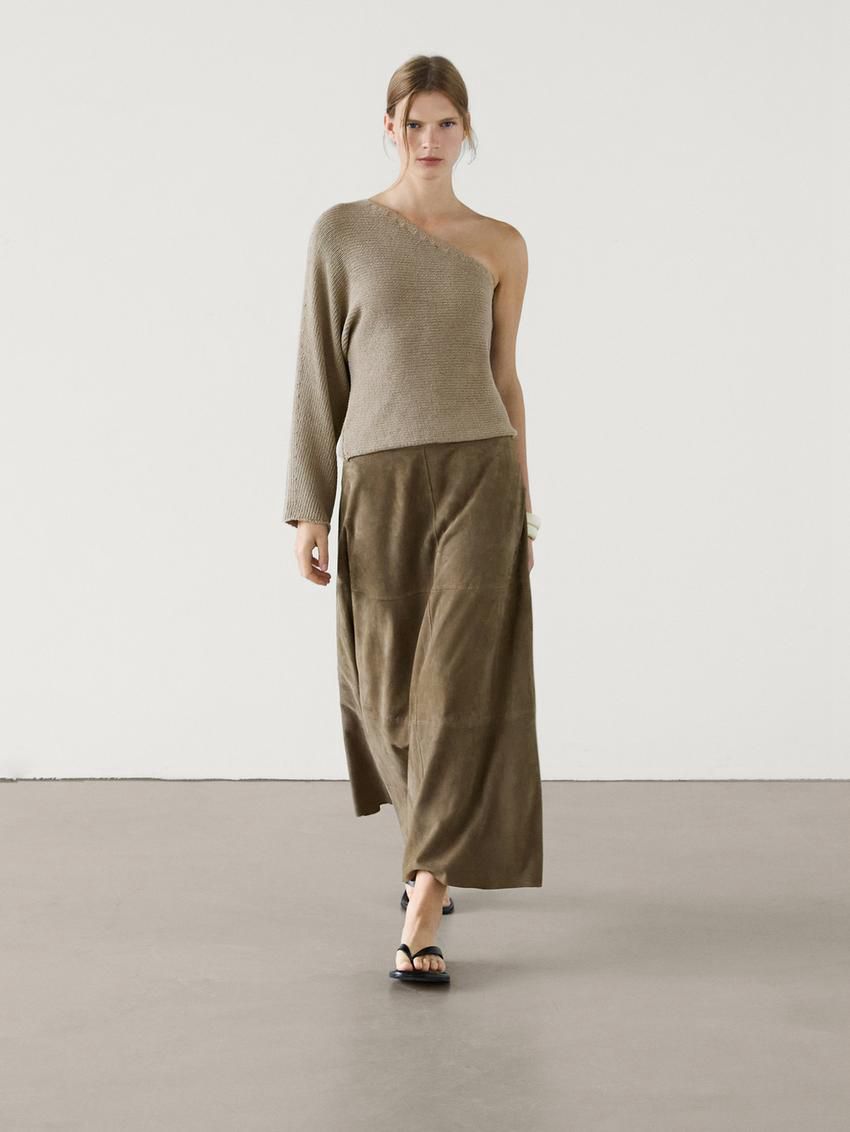 Massimo Dutti Cotton Asymmetric Knit Women Sweater Khaki | US-JB9512830