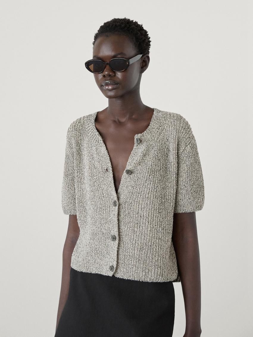 Massimo Dutti Cotton Blend Bouclé Knit Women Cardigan Khaki / Grey | US-PF6341970