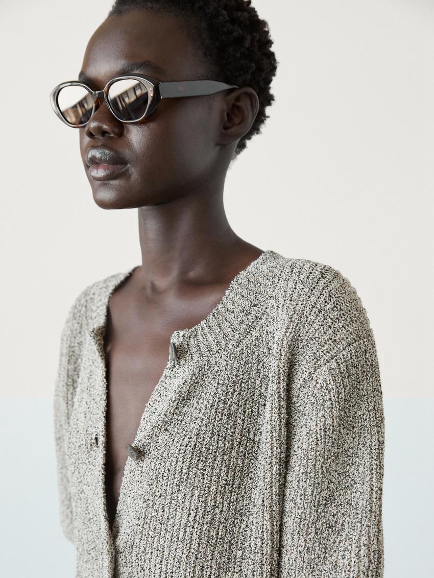 Massimo Dutti Cotton Blend Bouclé Knit Women Cardigan Khaki / Grey | US-PF6341970