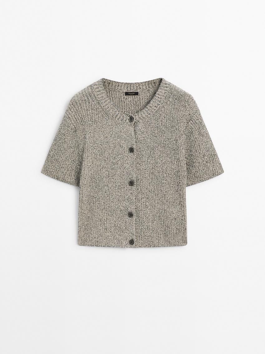 Massimo Dutti Cotton Blend Bouclé Knit Women Cardigan Khaki / Grey | US-PF6341970