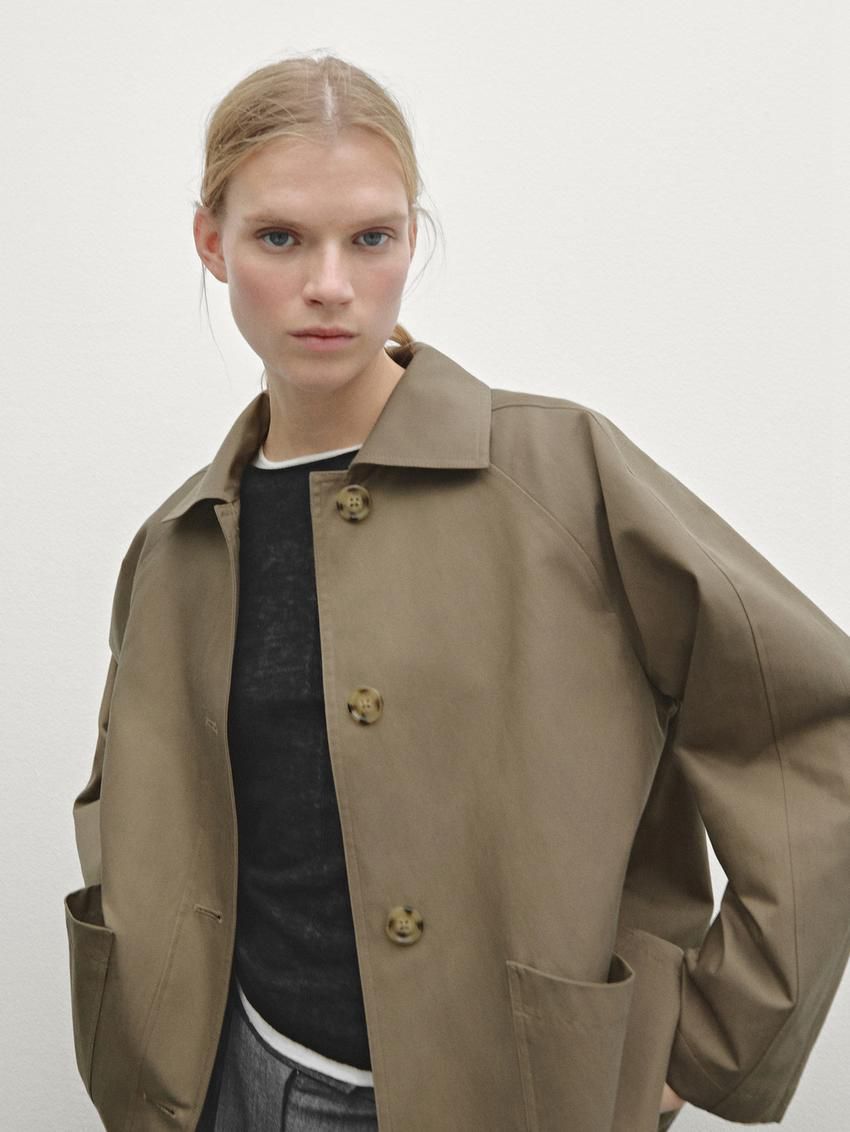 Massimo Dutti Cotton Blend Cape With Pockets Women Jacket Olive | US-FN9452703