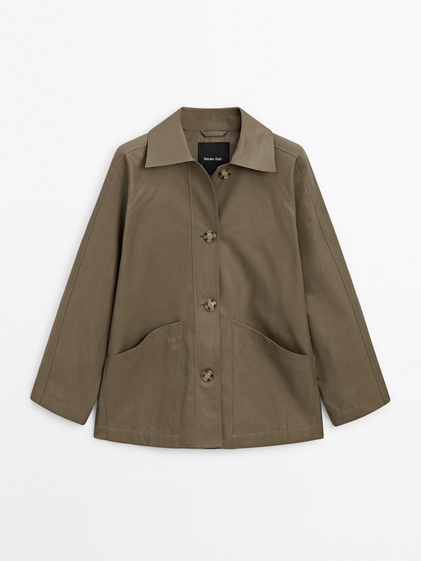 Massimo Dutti Cotton Blend Cape With Pockets Women Jacket Olive | US-FN9452703